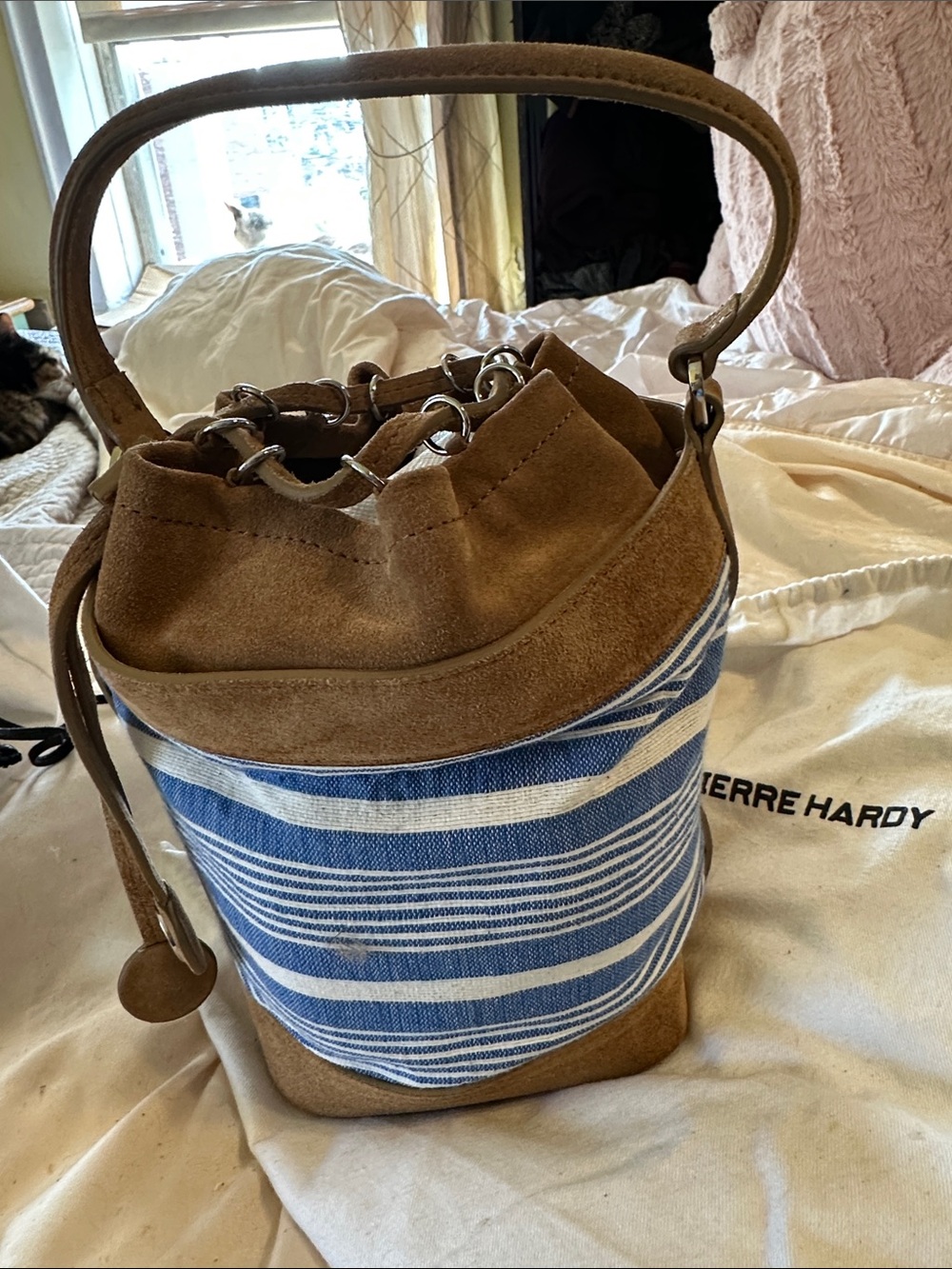 Pierre Hardy Brown Suede and Blue Striped Bucket Bag